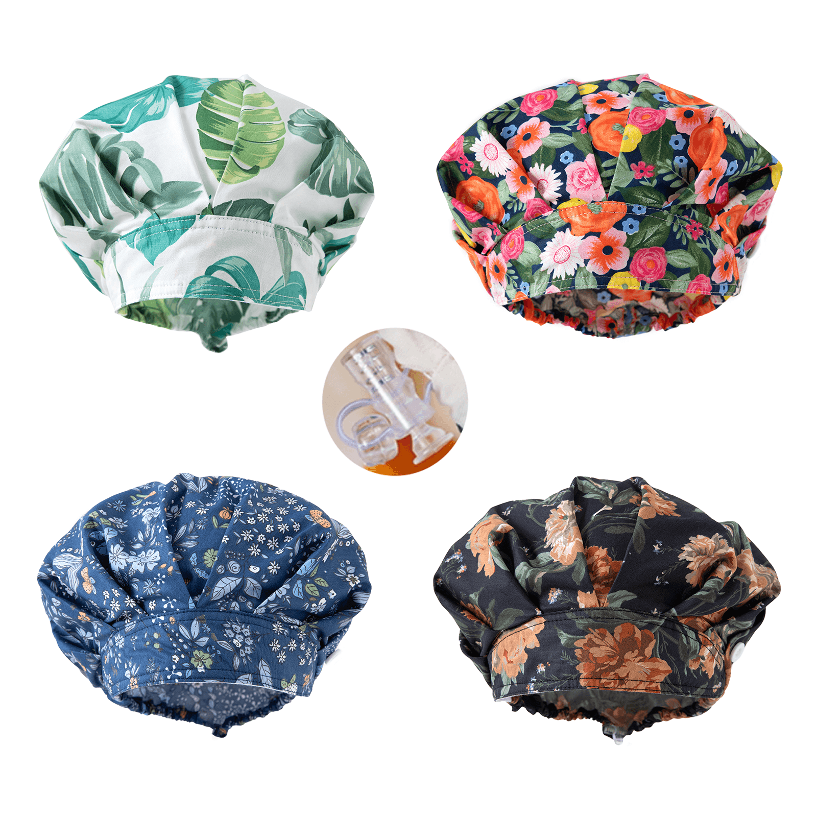 4 bouffant scrub caps with unique patterns