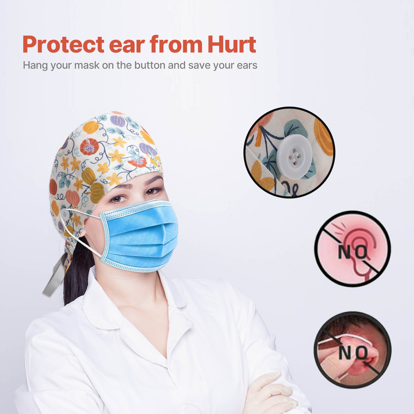 Ponytail Scrub Cap with button to hang mask, protecting ears