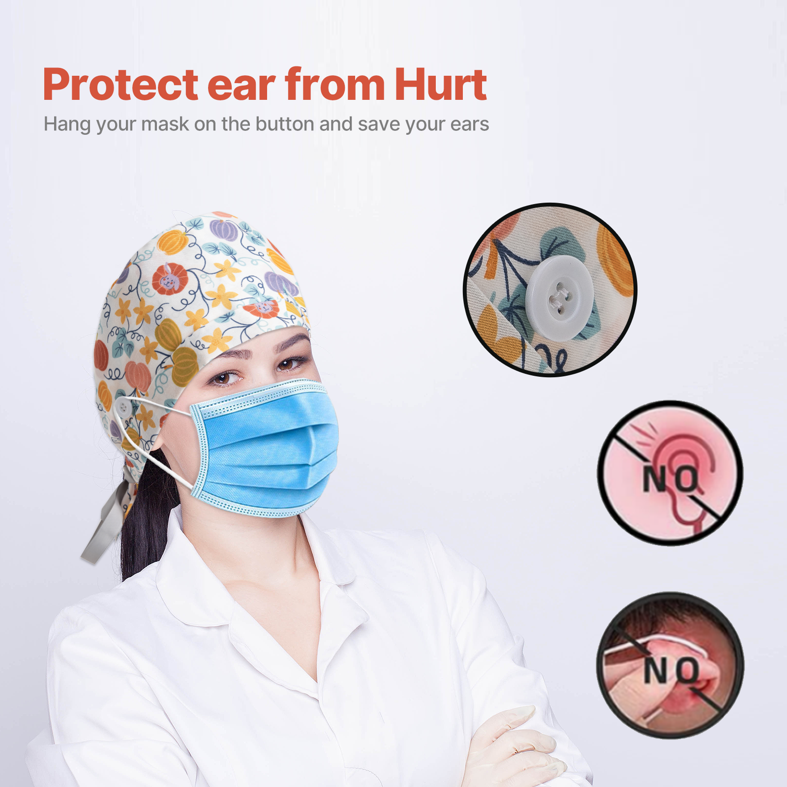 Ponytail Scrub Cap with button to hang mask, protecting ears