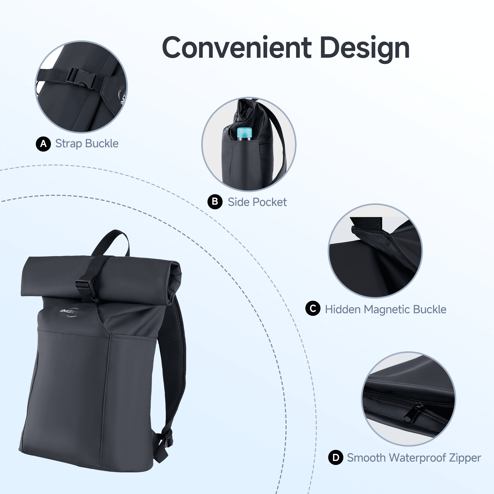 Foldable Backpack for Men, PU Water-Resistant Laptop Backpack Large Capacity Adjustable 23L for Travel University Camping,Black - iMZOON