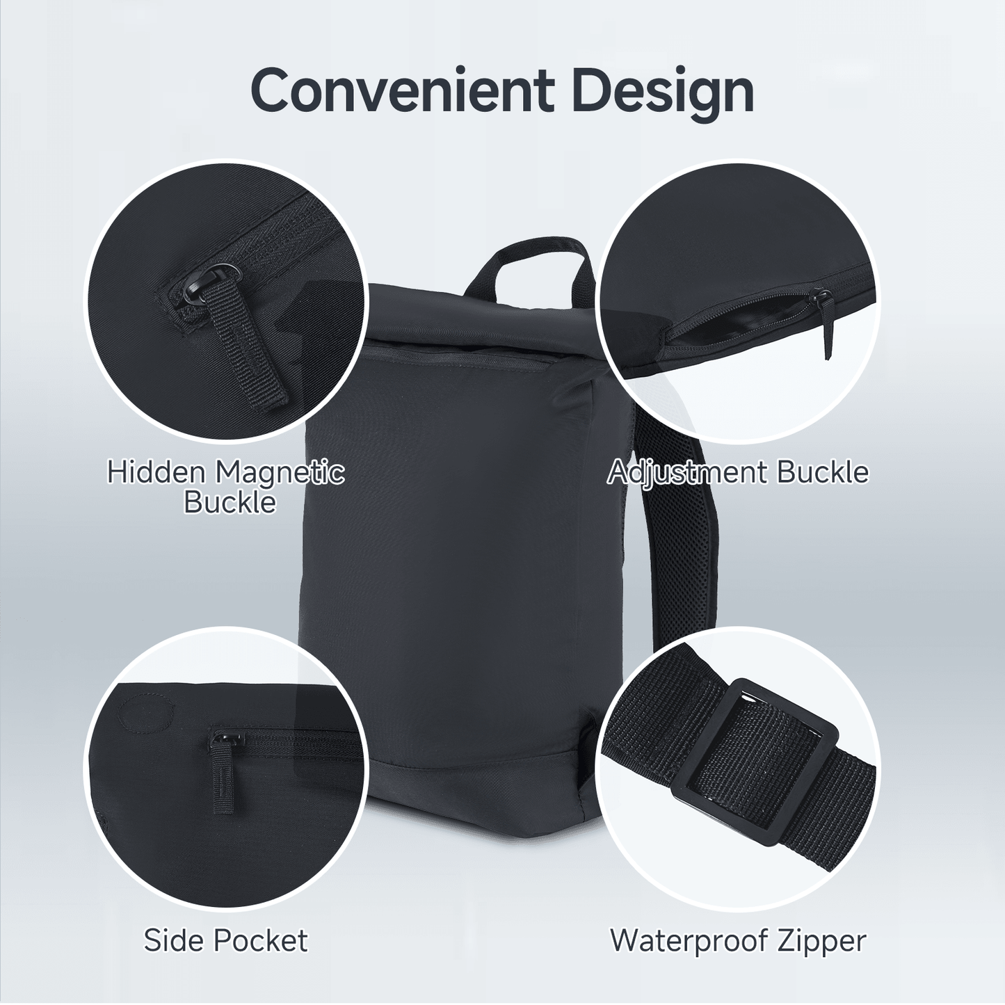 Rolltop Laptop Backpack for Men Women, Lightweight,Water-Resistant Laptop Backpack Large Capacity Adjustable 20L for Travel College Camping,Black - iMZOON