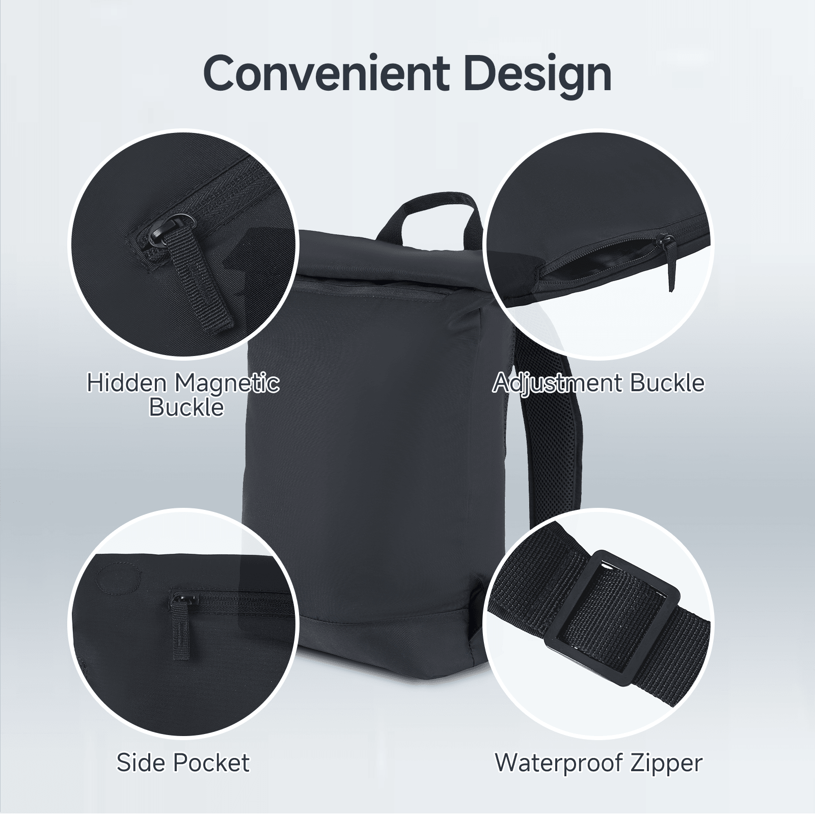 Rolltop Laptop Backpack for Men Women, Lightweight,Water-Resistant Laptop Backpack Large Capacity Adjustable 20L for Travel College Camping,Black - iMZOON