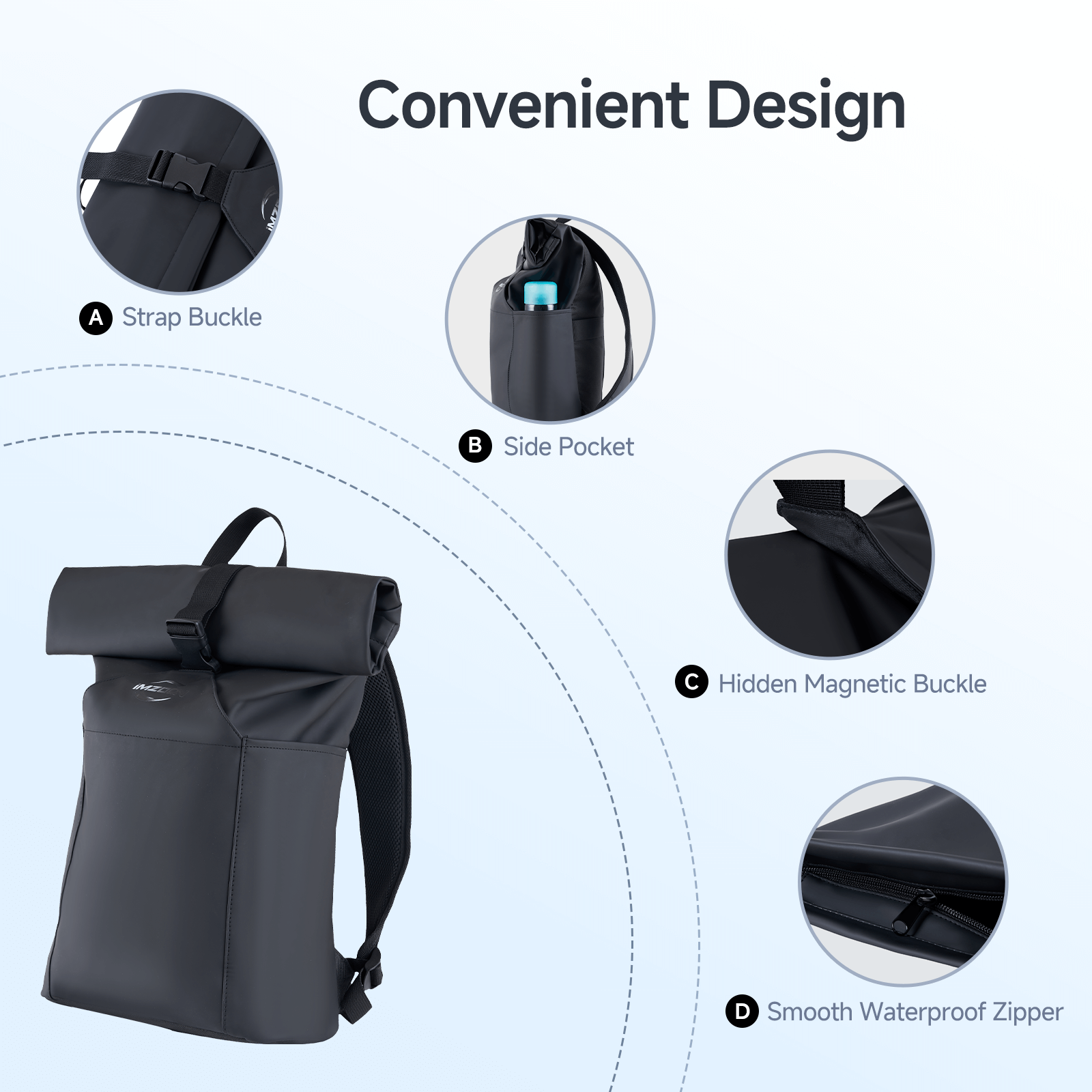 Lightweight PU Waterproof Laptop Backpack, Large Capacity Adjustable 23L for Work University Camping, Black - iMZOON