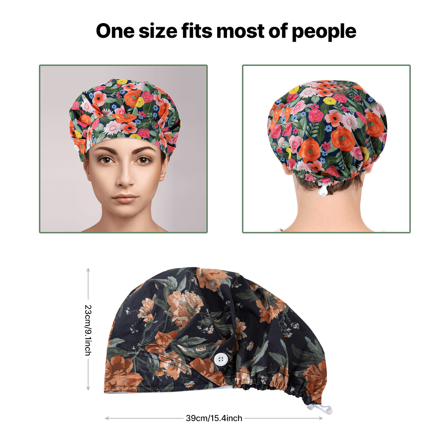 Floral bouffant scrub cap: One size fits most. Front/back views + dimensions shown.