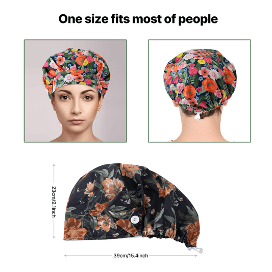 Floral bouffant scrub cap: One size fits most. Front/back views + dimensions shown.