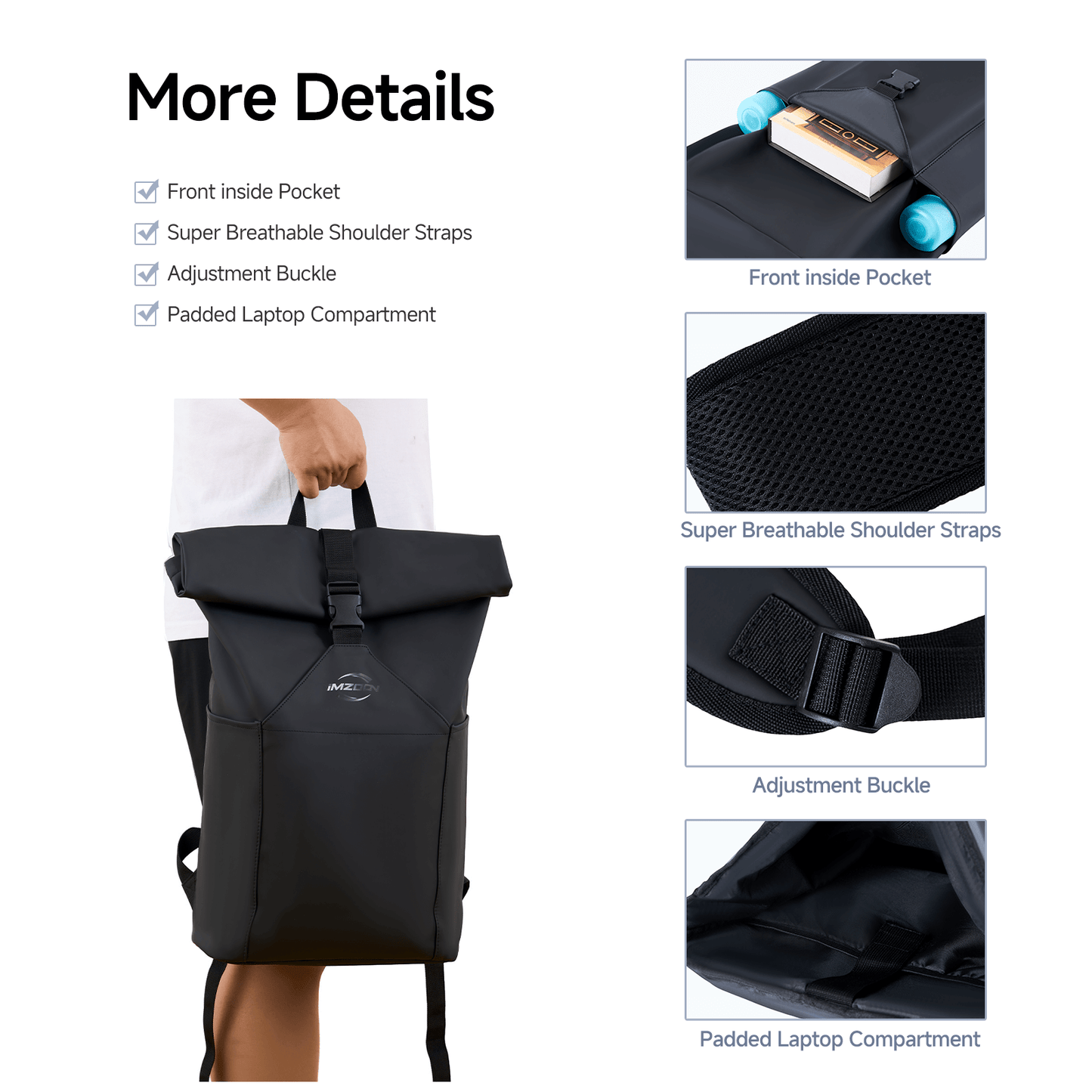 Lightweight PU Waterproof Laptop Backpack, Large Capacity Adjustable 23L for Work University Camping, Black - iMZOON