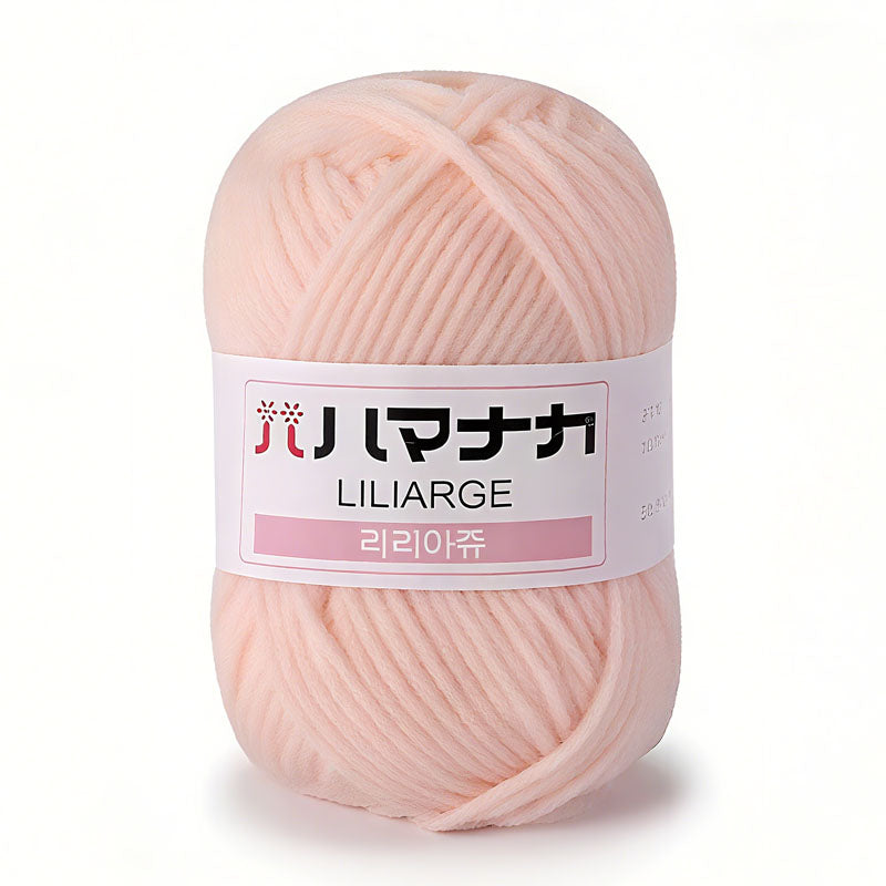 Liliarge DK yarn in pastel pink color, 100% acrylic, ideal for knitting and crocheting projects.