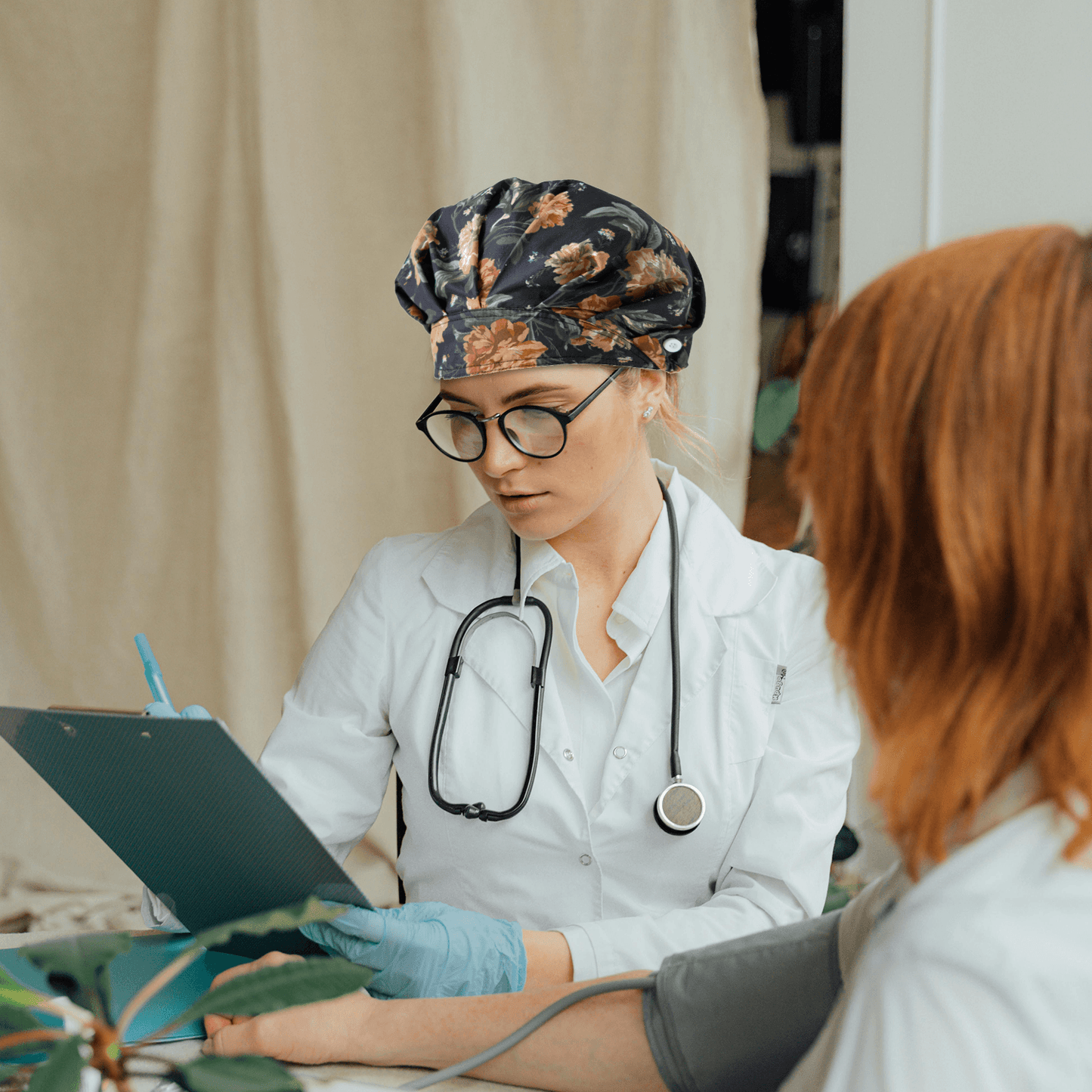 Medical scrub caps: Doctor in white coat, stethoscope, clipboard