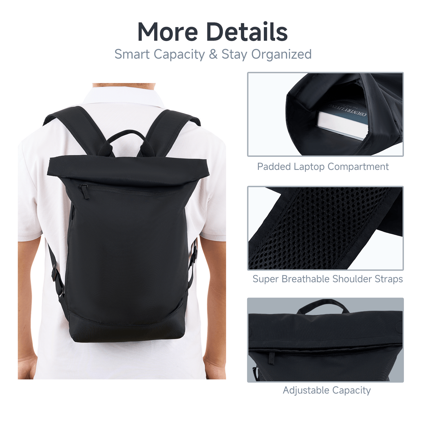 Rolltop Laptop Backpack for Men Women, Lightweight,Water-Resistant Laptop Backpack Large Capacity Adjustable 20L for Travel College Camping,Black - iMZOON