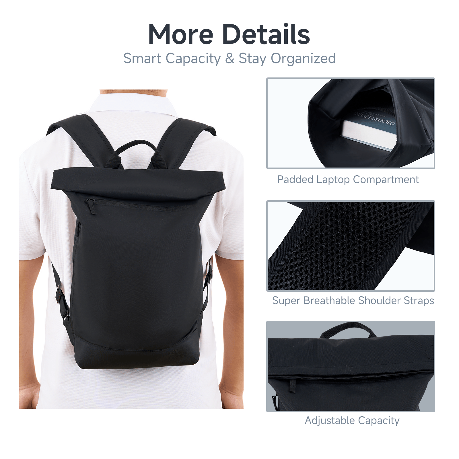 Rolltop Laptop Backpack for Men Women, Lightweight,Water-Resistant Laptop Backpack Large Capacity Adjustable 20L for Travel College Camping,Black - iMZOON