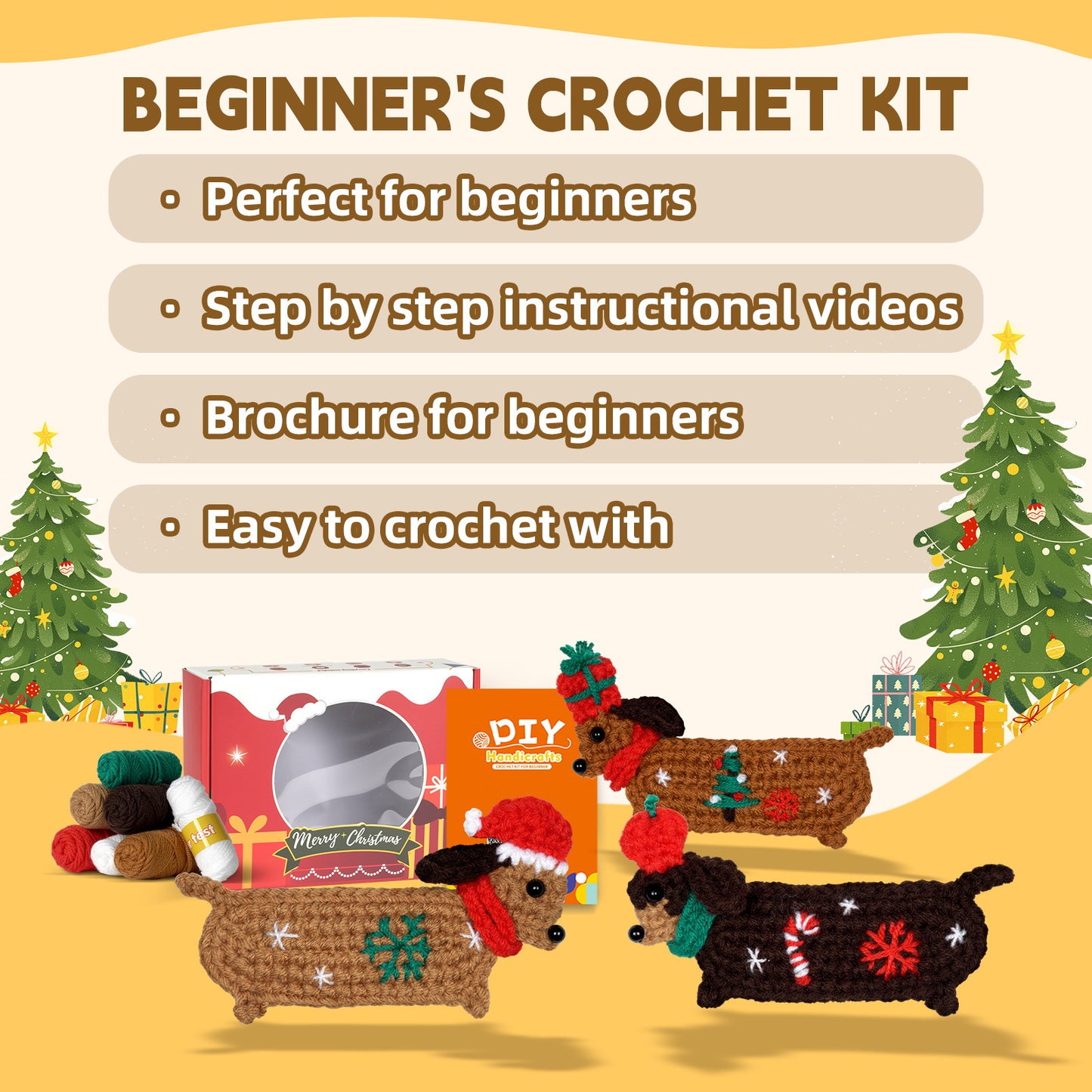 Beginnner Crochet Kit, 3-Dachshund Set