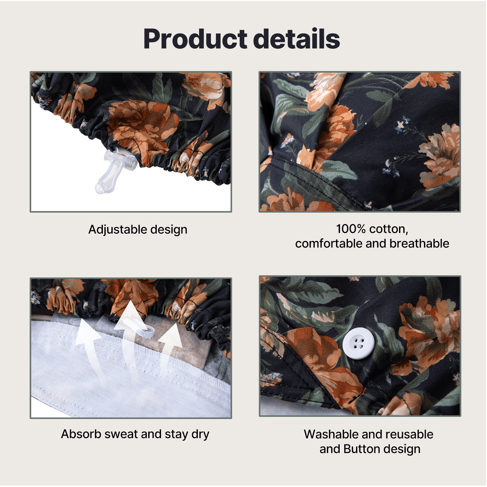 Bouffant scrub cap product details: Adjustable, 100% cotton, sweat - absorbing, washable, with button