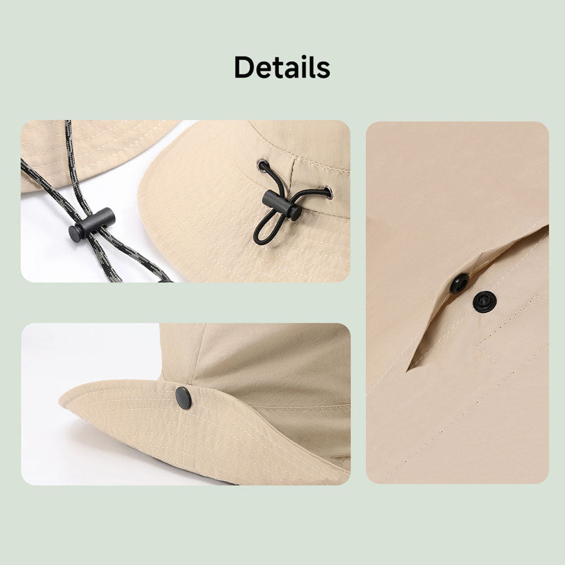 Details of bucket hat: drawstring, buttons, stitching