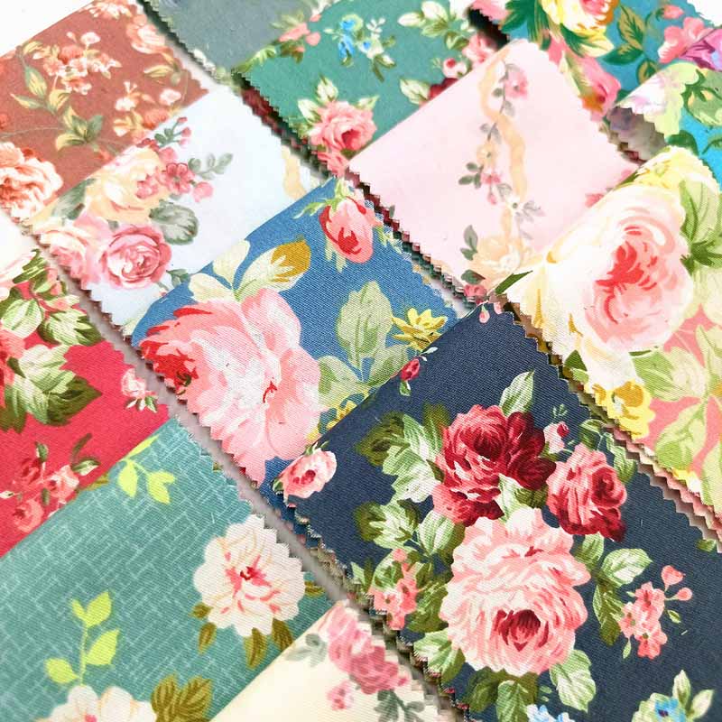 Various fabric strips with rose and floral patterns, excellent for patchwork