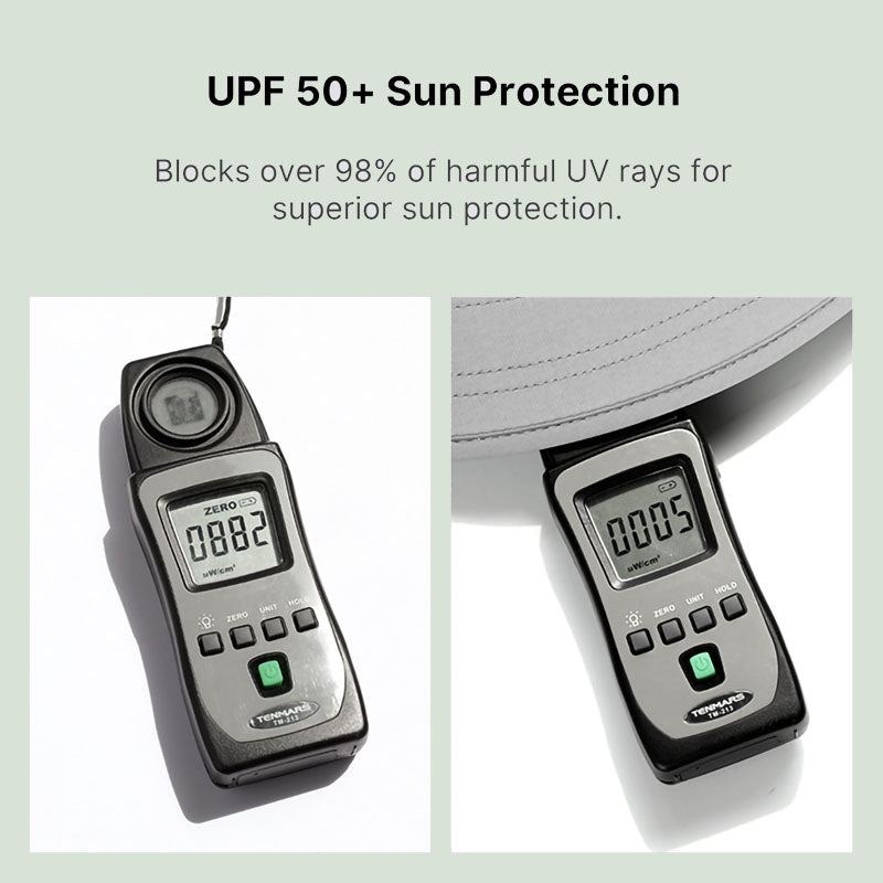 UPF 50+ sun protection bucket hat: Blocks 98%+ UV rays.