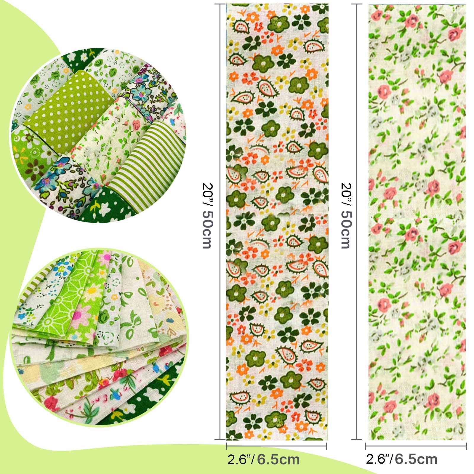 2.6"×20" (6.5cm×50cm) floral fabric strips, green